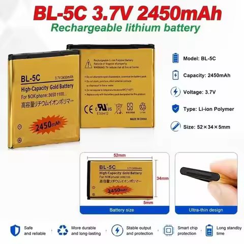 [New] [BL-5C] for Nokia 2600 1100 1110 1200 3110 6230 1600 Mobile Phone 2450mAh Li-ion Rechargeable 