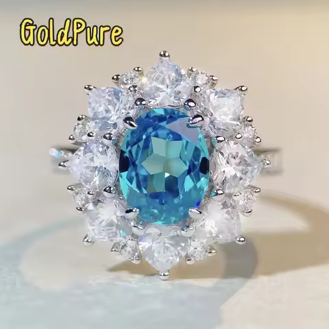 Goldpure Luxury Solid Platinum PT950 Aquamarine Ring Women's Full Diamond Inlaid Moissanite Diamond