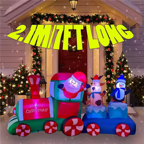 2.1M/7FT Long Christmas Ornament Inflatable Xmas Train Built-in LED Lights Xmas Party Indoor Outdoor