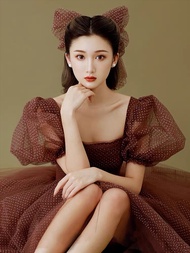 Alice Vintage High-End Princess Bubble Sleeve Party Dress for Art Students Wine Serving Skirt Ball G