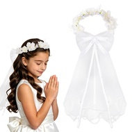 Girls First Communion Veil White Floral Wreath Headband with Pearls Bow Headpiece Soft Tulle Veil fo