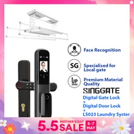 SINGGATE [Mega Bundle] PEARL WHITE Automated Smart Laundry System + Face/Palm Recognition Digital Door Lock + Biometrics Digital Gate Lock | LS023 + FR055 + FM021