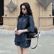 Women's clothing set, women's shirt short sleeve embroidered with hem mixed Shorts with elastic wais