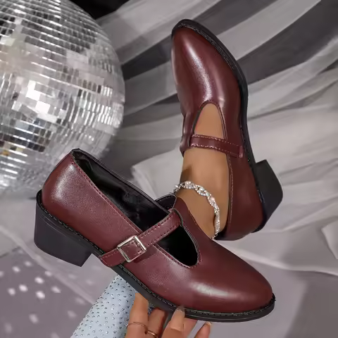 Women T‑Strap Mary Jane Shoes Pointed‑Toe Metal Buckle Block Heel PU Leather Wine Red Vintage Casual