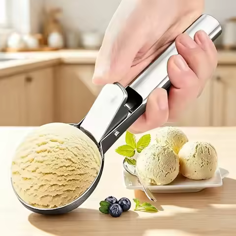 Stainless Steel Ice Cream Scoop with Trigger Easy Release Cookie Dough Scooper for Gelato Fruit Mash