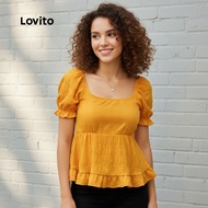 Lovito Blaus Wanita Boho Polos Ruffle Hem Musim Panas & Bunga L132ED655