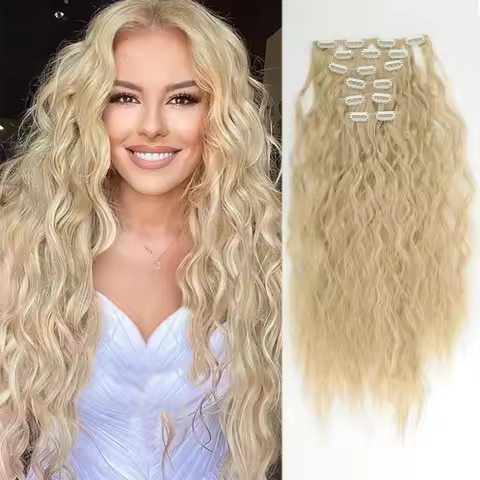 24 Inches 16 Clip Black Natural Daily Long Curly Hair Extensions Seven-Piece Set For Women