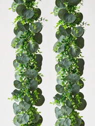 2 piezas Planta de guirnalda de eucalipto falso de 5.7 pies, vid artificial que cuelga guirnalda de follaje de hojas de eucalipto para decoración de pared de arco de fondo de boda interior y exterior.
