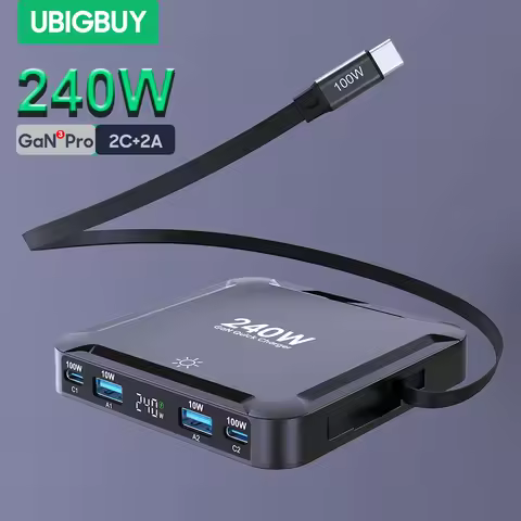 Ubigbuy 240W GaN Charger Digital Display Fast Charging Station with 100W USB C Retractable Cable For
