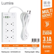 Lumira LS-029 ปลั๊กพ่วง 6 ช่อง 2 USB (3.1A) Fast Charge | รองรับ 2300W | ตัดไฟอัตโนมัติ 10A | มอก. ร