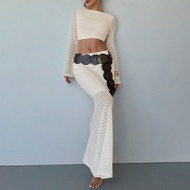 Bộ 2 áo thun trơn cổ tròn tay dài phong cách Boho dành cho nữ màu trắng + chân váy bó dài siêu bó sá