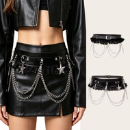 Y2K Layered Silver Chain Belt, Black Lace Trim Star Pendant Waist Belt, Edgy Gothic Accessories Adju