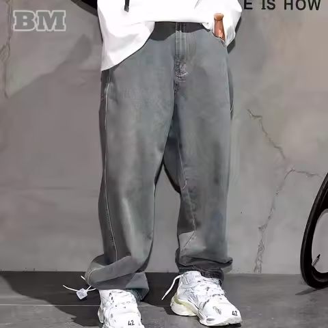 American Streetwear Baggy Jeans For Mens Clothing Vintage Distressed Gray Denim Pants Harajuku Casua