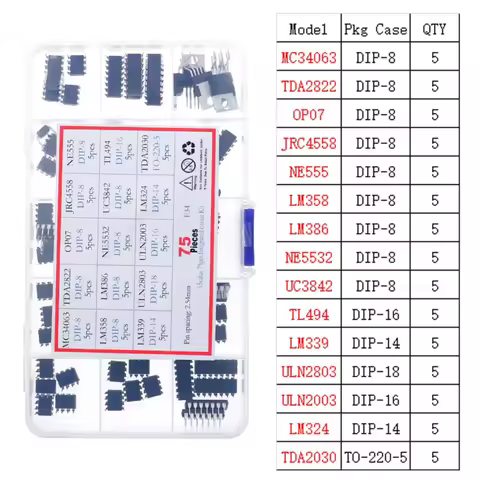 75pcs 15Values DIP IC Assorted kit set LM358 LM386 ULN2003 LM324 NE555 MC34063 TDA2822 JRC4558 OP07 