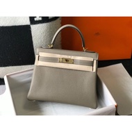 Hermes Turtledove Grey Kelly Bag Togo Leather Lychee Pattern Genuine Leather Portable Messenger Bag 