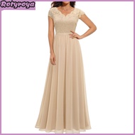 Womens Lace V-Neck Evening Dress Long A-Line Chiffon Bridesmaid Dress Mother of The Bride Wedding Gu