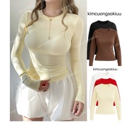 Kimcuongsokiuu Slim Cotton Long Sleeve Tie Waist Shirt S/M/L - Women, Round Neck Top