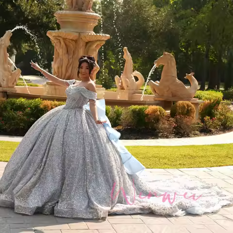 Sophie Store Customized Shiny Silver Gray Quinceanera Dress off-shoulder Lace Crystal Glitter Long t