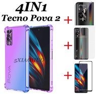 เคสโทรศัพท์4in1สำหรับ Tecno Pova 2เคสโทรศัพท์มือถือสีไม่ตก + HD ฟิล์มกระจกนิรภัยเต็มหน้าจอ Tecno Pov