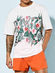 Manfinity VCAY 男士夏季輕便透氣海灘服套裝，包括白色針織休閒花紋圓領短袖T恤和橙色短褲，非常適合衝浪和度假