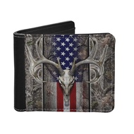Deer American Flag Camo Print PU Leather Men's Slim Bi-fold Wallet with Credit Card Holder