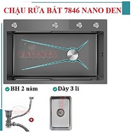 Bồn chậu rửa chén bát 1 hố lớn 78x46cm sus304 nano đen Valenza dày 3,5li kèm chậu phụ inox, bộ xả to