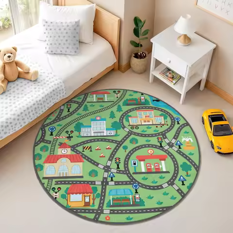 City Road Map Kids Round Rug Traffic Play Mat Circle Carpet Interactive Car Track Nursery Floor Mat 