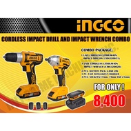 INGCO CORDLESS IMPAC DRILL 20V WITH INGCO CORDLESS IMPACT WRENCH WITH 3 SOCKETS