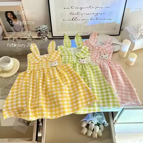 Summer Girls' Dress - Peter Pan Collar Bunny Ear Grid Jumper, Cute Rabbit Princess Dress for Toddler