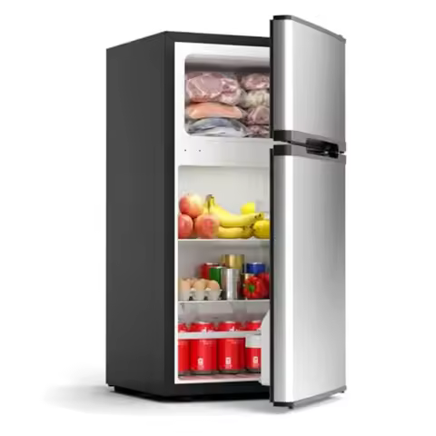 Dorm fridge with freezer for bedroom, office, kitchen, dorm: silver stainless steel, 2.5 cu.ft capac