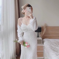 Women's Fashion Set 2-Strap Maxi Dress Combined with Elegant Long-SleevedJacket, With Lining (with F