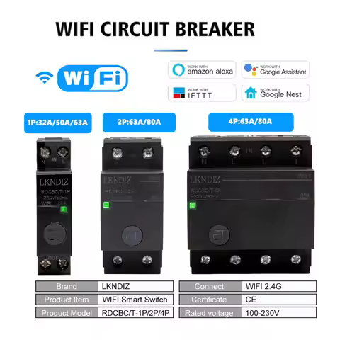 DIN Rail Smart WiFi Circuit Breaker Remote by Smart Life APP TUYA Voice Control RDCBC 1P 2P 4P 32A 6