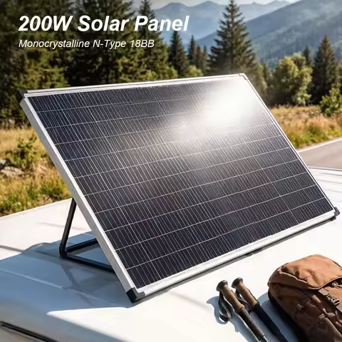 200W Solar Panel 12V Monocrystalline N-Type 18BB Off-Grid for RV Caravan Home Camping Outdoor Batter