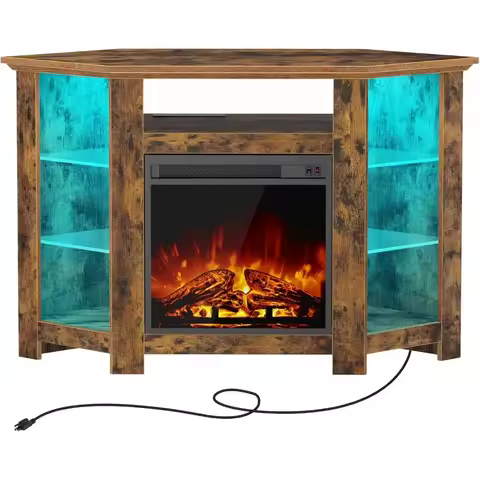 Fireplace Corner TV Stand for 43" 50" 55", 47 Inch TV Stand with Power Outlets and LED Lights, Rusti