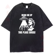 Heavyweight Loose Men's Sci-Fi Fan Club Code Shirt​ | “Beam Me Up” × Black Wash Vintage, Theme Print