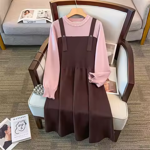 155Kg Plus Size Women's Bust 160 Autumn Winter Long O-Neck Long Sleeved Sweater Dress 4XL 5XL 6XL 7X