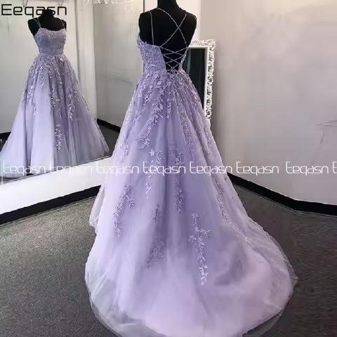Customized Lilac Lace Prom Dresses Spaghetti Straps Vestido De Fiesta Open Back A Line Women Prom Go