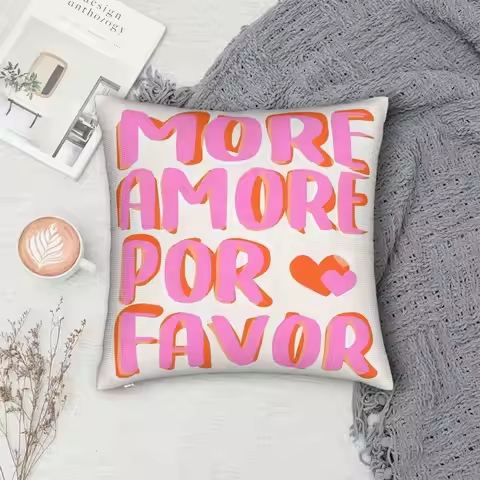 More Amore Por Favor Pillowcase, Pink Orange Gradient Typography Cushion Cover, Romantic Spanish Quo