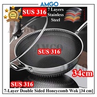 AMGO KATA 316 Stainless Steel 32cm Full Screen Honeycomb 7 Layer Non Stick Wok Pan for Induction Coo