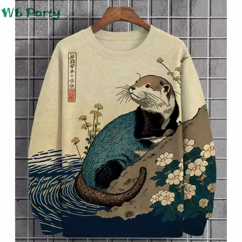 Fashion Animal Print Men's Clothing 3D Print Ukiyo-E Men's Long Sleeve T-shirt Animal Graphic T shir