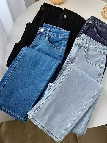2025 Fashion Stretch Jeans Women's High-waist Straight Pants Spring Autumn Vintage Denim Casual Trou