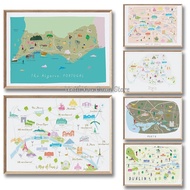 European Travel City Illustrations Maps Posters Printed Canvas Art Images Living Room and Bedroom Wa