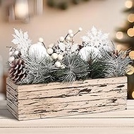 Omldggr Christmas Table Centerpieces, Winter Artificial Christmas Decoration - Faux Snow Pine Branches White Berry Pine Cone Christmas Picks with Wooden Base for Table Farmhouse Arrangement Gift Idea