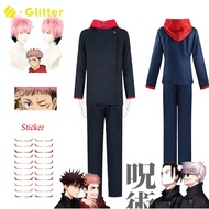 Anime Jujutsu Kaisen Itadori Yuji Cosplay Costume for Adult Men Women Black Blue Hoodie Jacket Pants Pink Short Wig Sticker for Man Carnival Party Clothes Set Uniform