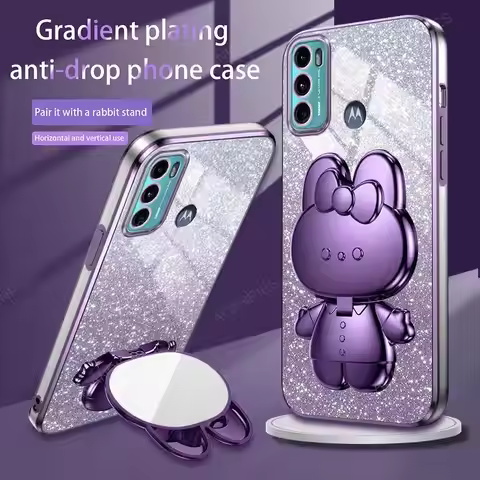 Cute 3D Rabbit Makeup Mirror Stand Plating Case For Motorola Moto G60 G50 G30 G20 G10 G82 G72 G62 G5