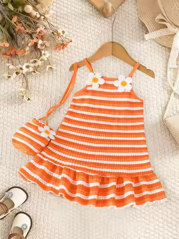 2-Piece Set: Summer Thin Dress Outfit for Baby Girls, Featuring 3D Floral Pattern, Ruffled Hem, Bohe