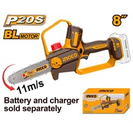 INGCO เลื่อยโซ่ไร้สาย 8 นิ้ว 20V Auto lubrication (หล่อลื่นโซ่อัตโนมัติ) รุ่น CGSLI20882 ครบชุดแบต2a
