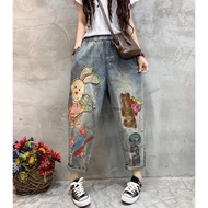 Vintage Guide Jeans Women's Personality Cartoon Rabbit Sticker Colorful Cake Harlan Pants Fat Girl Loose Slim Radish Pants sx2D