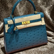 【精選天菜】HERMES 25CM KELLY 鴕鳥皮 極美希臘藍