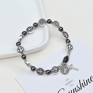 St. Benedict Hematite Bead Bracelet w/ Cross Pendant - Catholic Rosary Chain, Spiritual Gift for Pro